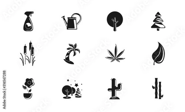 Fototapeta plants flat icons set with bamboo, cactus, marijuana leaf, palm vector illustrations