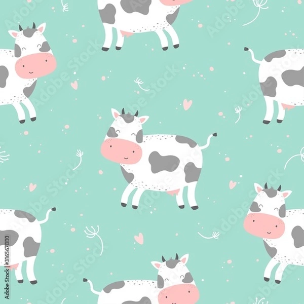 Fototapeta Seamless pattern with cute cartoon character cow. Print for baby shower party. Vector print with baby cow.