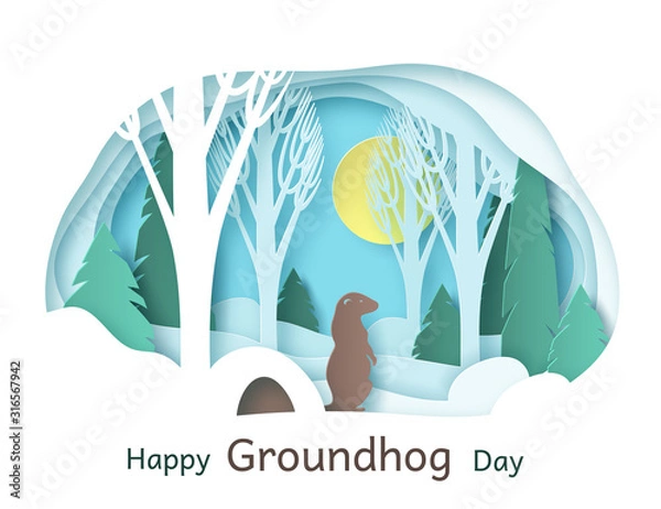 Fototapeta Happy Groundhog Day. February 2. Vector illustration. Paper cut design for printing greeting cards, banners, posters. Groundhog in the forest, climbed out of the hole.