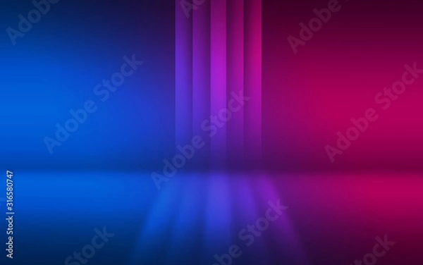 Fototapeta Abstract dark background with blue and pink neon glow. Neon luminous figure in the center of the stage.