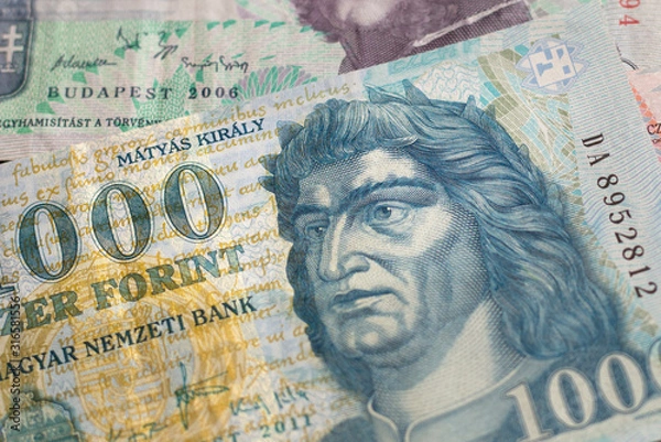 Fototapeta Hungarian forint currency background with portrait of Matthias Corvinus. Money background for business, finance, banking, budgeting, economic topics. Selective focus
