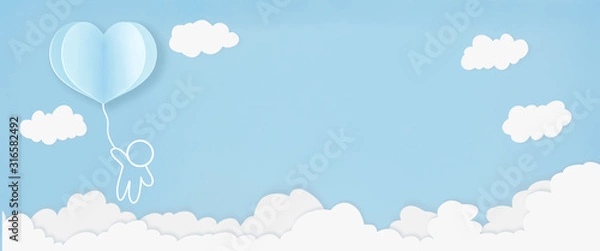 Fototapeta Valentines heart balloon with people flying and floating on blue sky background. Paper Cut Design Illustration of love for Happy Mother's or Valentine's Day greeting card design.