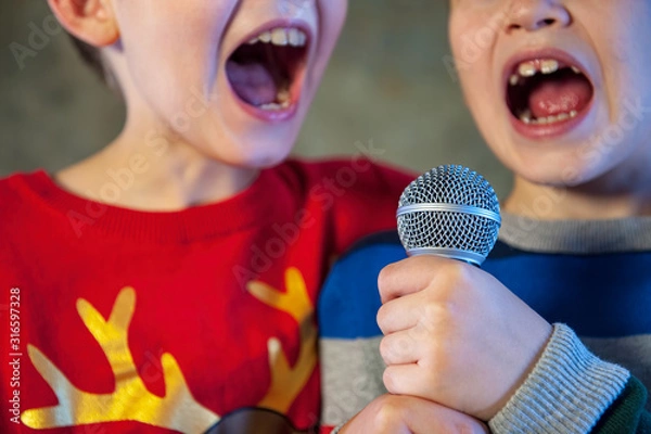 Fototapeta Two boys brothers in bright festive attire are holding microphone in their hands. Children dictate their message to Santa Claus before Christmas. Pupils sing songs and talk about successful studies