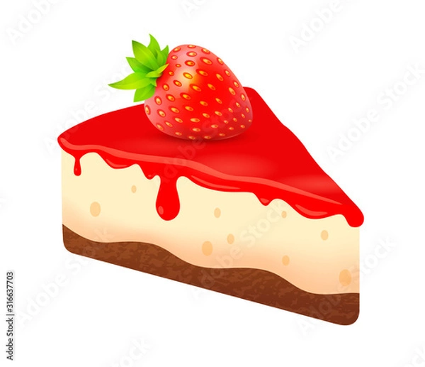 Obraz Cheesecake with Strawberry, Piece of dessert cake Cake. Vector Icon illustration of realistic pastry.