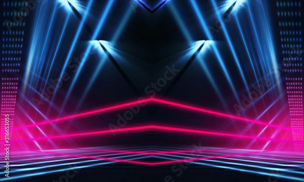 Fototapeta Dark neon background with lines and rays. Blue and pink neon. Abstract futuristic background. Night scene with neon, light reflection. Neon lines, shapes. Multi-colored glow, blurry lights.