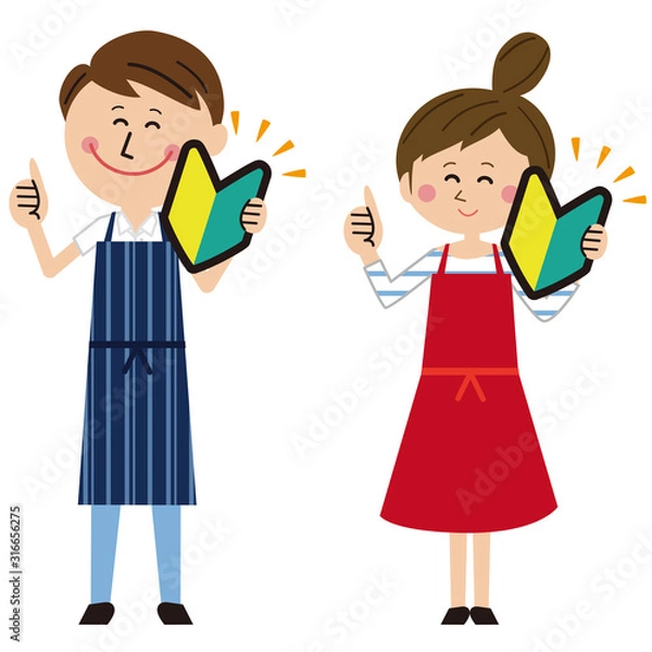 Fototapeta ポップなエプロンを着た男女が初心者マークを持つ