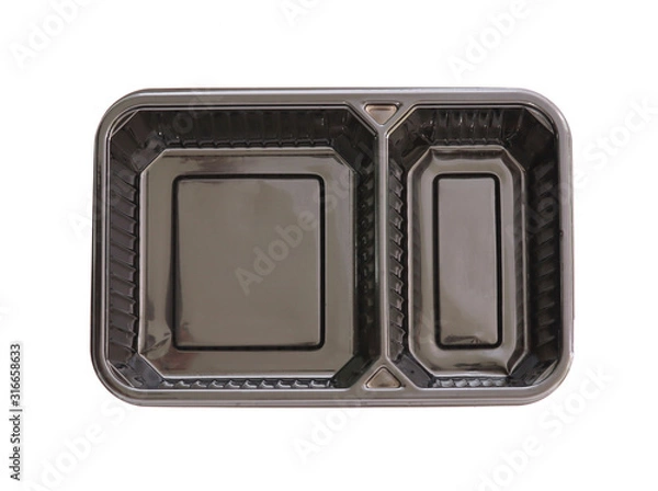 Obraz Disposable black plastic food containers isolated on white background, Empty food box view from above.