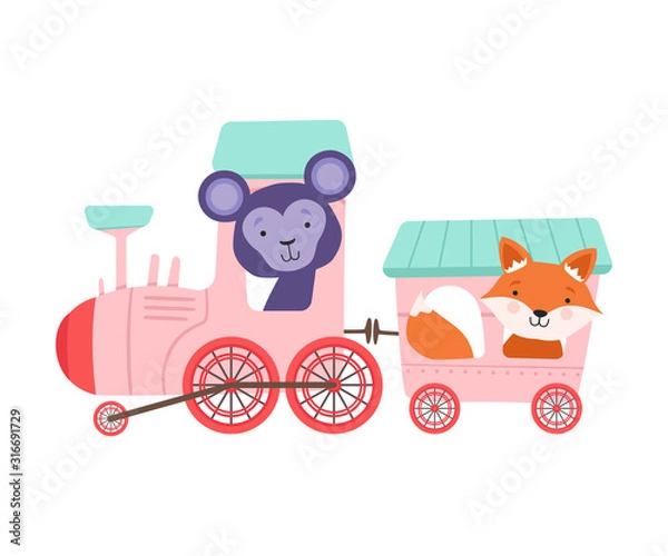 Obraz Cheerful Red Cheeked Fox and Bucket Ears Monkey Driving Toy Train Vector Illustration