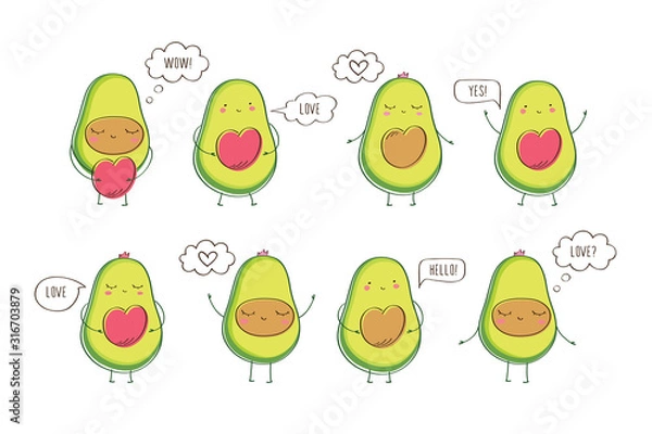 Fototapeta Set of cute avocados with hearts and bubbles. Hand drawn elements for Valentine's Day, birthday, Mother's Day, wedding. Vector.