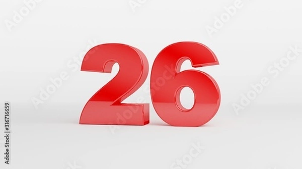 Obraz Number 26 in glossy red color on white background, isolated number, 3d render