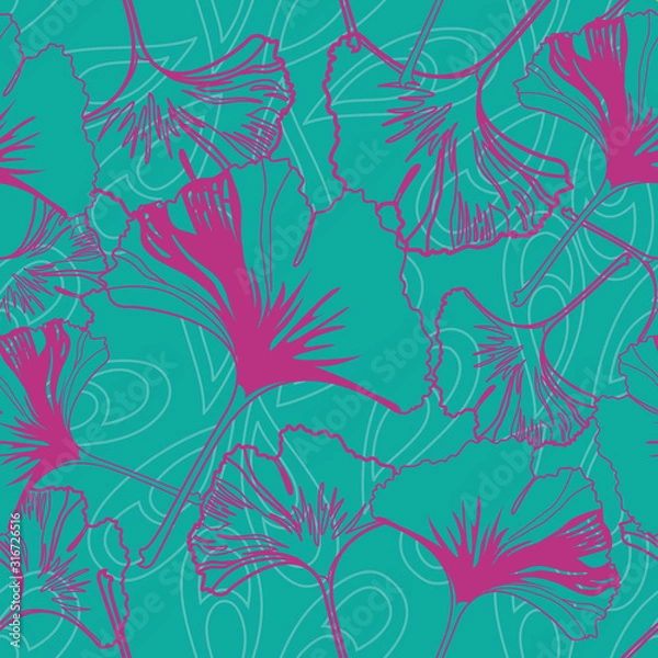 Obraz Vector seamless pattern ginko wax with pink ginkgo leaves and turquoise background