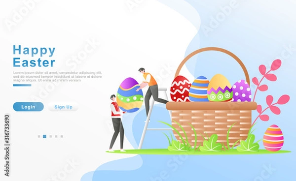 Fototapeta Vector illustration happy easter. a friend works together happy to lift up ornamental eggs to put in a basket. concept of an Easter egg gift. for header, apps, banner, landing page. Flat cartoon style