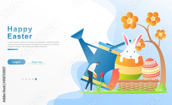 Fototapeta Vector illustration happy easter. a man watered the garden and held tulips flower, with rabbits in ornamental egg shells. concept flower blossom. for header, web, banner. apps, UI. Flat cartoon style