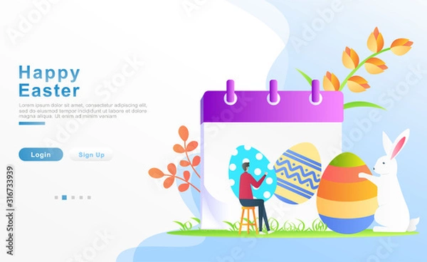 Fototapeta Vector illustration happy easter. man sitting in the garden next to a calendar illustrated with easter ornamental egg, a rabbit carrying a paint egg, set of flower. or header, web. Fllat cartoon style