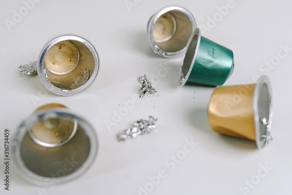 Fototapeta Used espresso coffee capsules environmental issue
