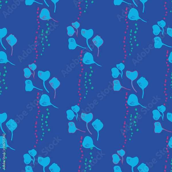 Obraz Vector seamless pattern ginko wax with blue ginkgo leaves and pink dots, turquoise background