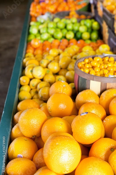 Fototapeta Close-up of oranges on display in market