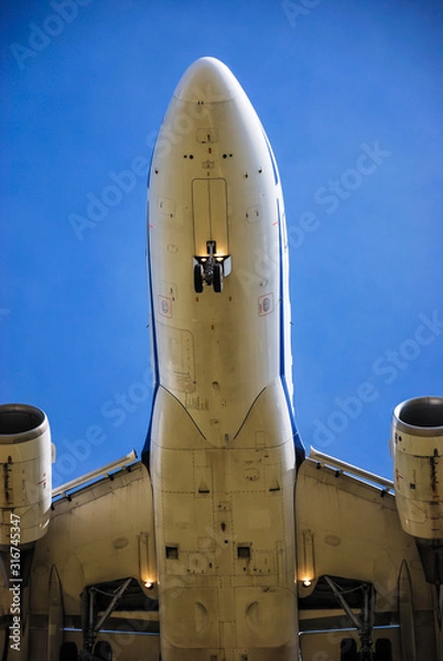 Obraz Close-up shot of the belly of an Airbus A320 landing taken from underneath the aircraft