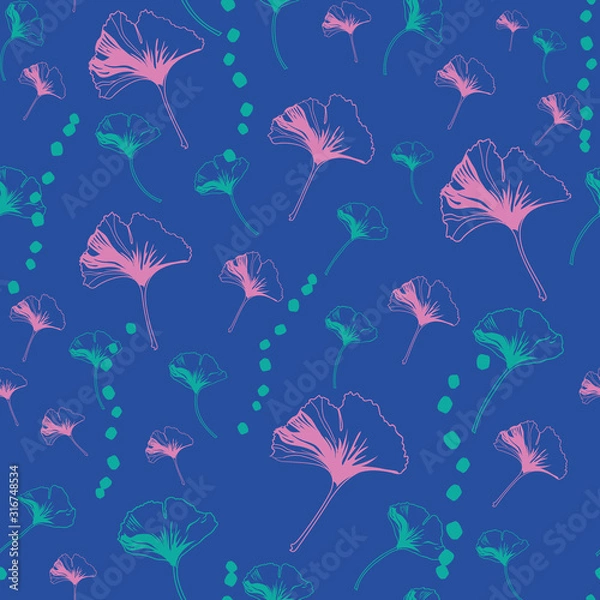 Obraz Vector seamless pattern ginko wax with pink ginkgo leaves, turquoise dots