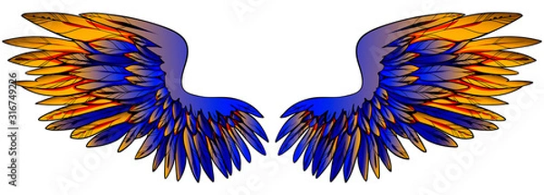 Obraz Beautiful magic glwing gradient blue golden wings, hand drawn vector