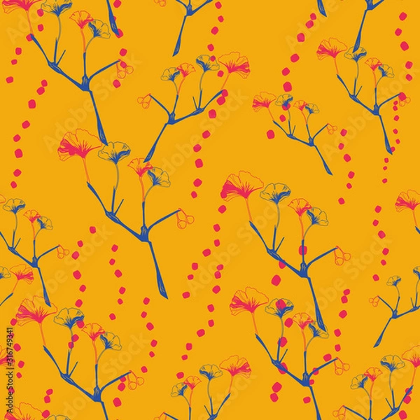 Obraz Vector seamless pattern ginko wax with blue ginkgo leaves and branches, red dots