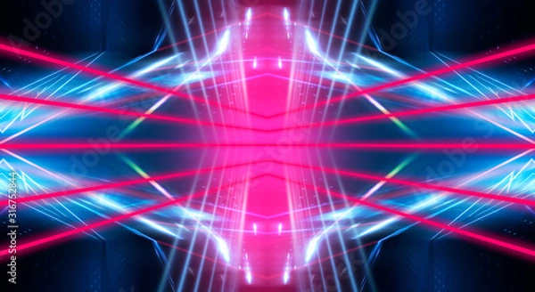 Fototapeta Modern abstract neon background. Blue and pink neon light, rays, lines, abstract light. Empty background, scene, poster. Light tunnel.