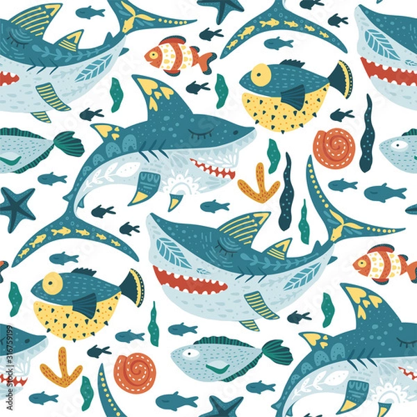 Fototapeta Seamless vector pattern with cute cartoon funny shark fish in a flat scandinavian style. Kid underwater fabric graphic illustration on a white background. Baby shark Doo Doo Doo.