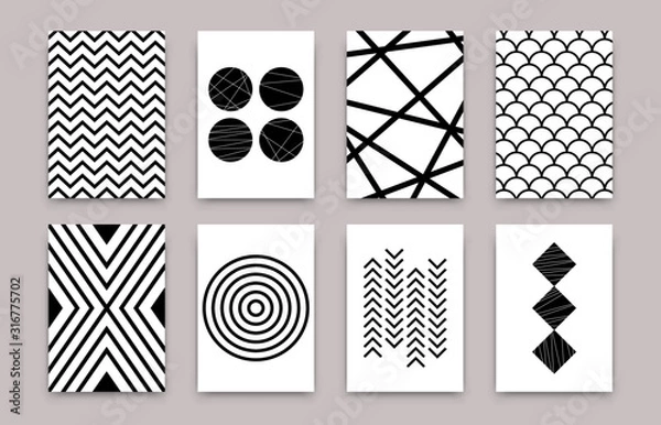 Obraz Zestaw abstrakcyjny wzór geometryczny skandynawski. Wektor minimalistyczne plakaty artystyczne prosty styl szwajcarski. Szablon projektu tapety, ulotki, banera, wystroju domu. Ilustracje czarno-białe