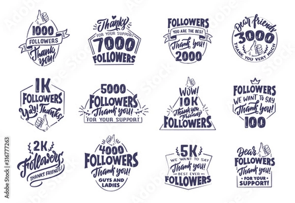 Fototapeta Set of vintage, retro Thank you Followers badges, logos, phrases, slogans.