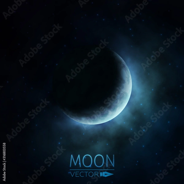 Fototapeta Półksiężyc. Księżyc w chmurach. Tło księżyca na gwiaździstym niebie. Światło księżyca na nocnym niebie. Ilustracji wektorowych.