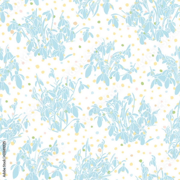 Fototapeta Vector realistic botany snowdrop garden pattern with spring floral on dot. Beautiful easter design for garden lovers. Nature background. Print, fabric, stationary.