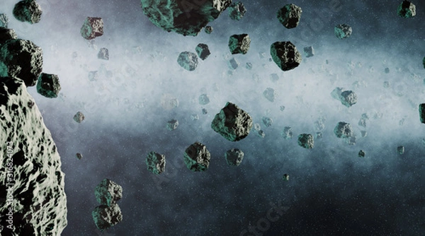 Fototapeta Asteroid belt 3D CGI Render in space, stars and sun flares in the background