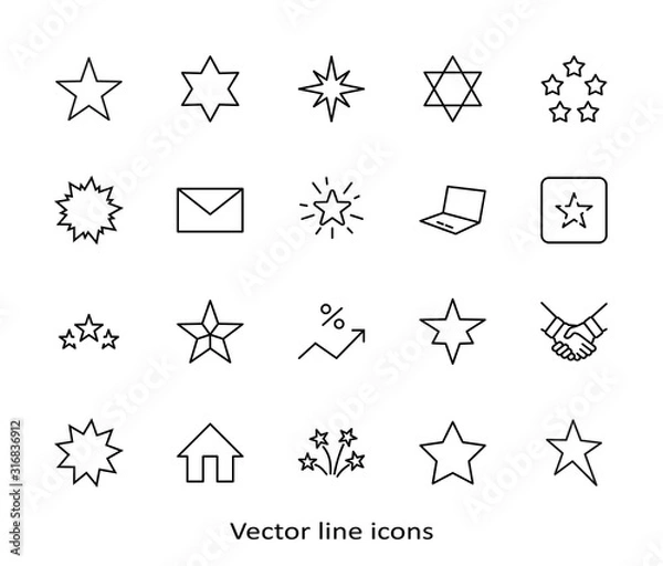 Fototapeta Set of Stars Vector Line Icons. Contains such Icons as Starry night, falling star, firework, twinkle, glow, glitter burst and more. Outline signs for glossy material. Editable Stroke. 32x32 Pixels.