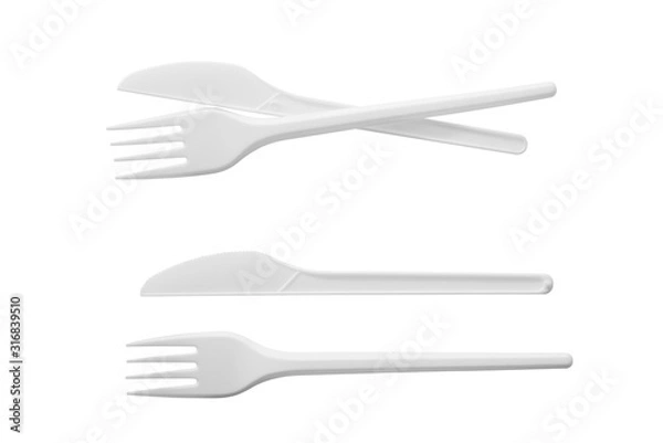 Obraz Plastic knife and fork isolated on white background
