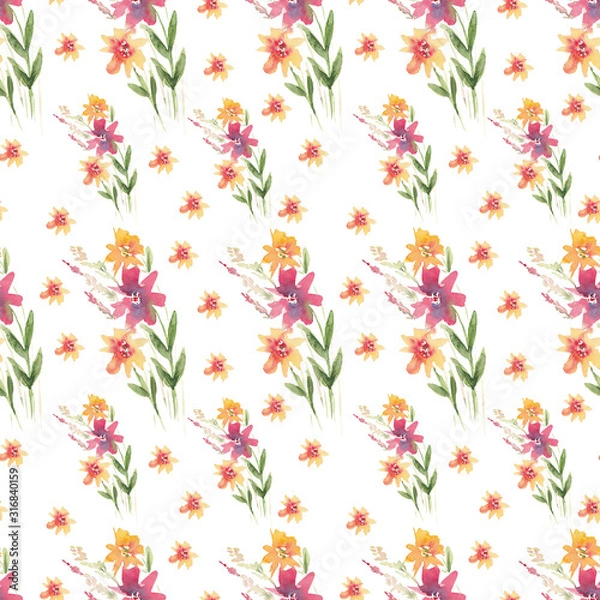 Fototapeta Seamless pattern of watercolor flowers on a white background. Use for wedding invitations, birthdays, menus and decorations