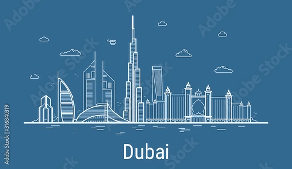 Obraz Grafika liniowa miasta Dubaj Ilustracja wektorowa ze wszystkimi słynnymi wieżami. Pejzaż miejski.