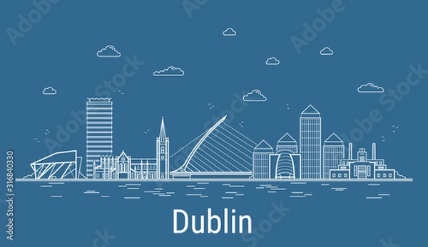 Obraz Dublin city, Line Art Vector illustration with all famous towers. Linear Banner with Showplace. Composition of Modern buildings, Cityscape. Dublin buildings set.