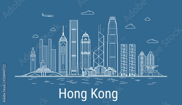Fototapeta Hong Kong city line art vector. Illustration with all famous buildings. Cityscape. 
