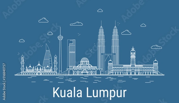 Obraz Kuala Lumpur city, Line Art Vector illustration with all famous towers. Linear Banner with Showplace, Skyscrapers and hotels. Composition of Modern buildings, Cityscape. Kuala Lumpur buildings set.
