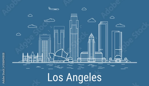 Fototapeta Los Angeles city, Line Art Vector illustration with all famous buildings. Linear Banner with Showplace. Composition of Modern cityscape. Los Angeles buildings set.