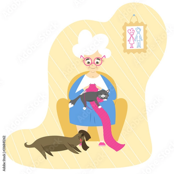 Fototapeta Grandma with knitting sitting in chair surrounded by funny cat and dog