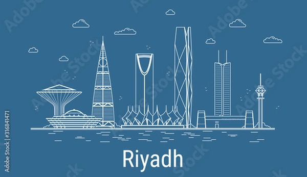 Fototapeta Riyadh city, Line Art Vector illustration with all famous towers. Linear Banner with Showplace. Composition of Modern buildings, Cityscape. Riyadh buildings set.