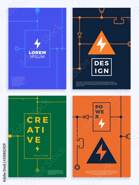 Obraz Electricity cover set. Abstract technology circuit board, voltage scheme Vector background illustration. Poster with abstract line shapes. Banners and cover Vector illustration.