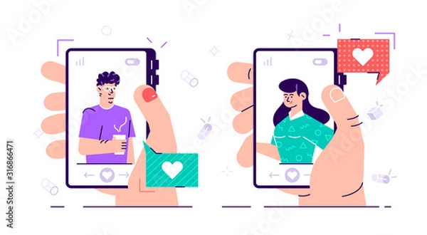 Fototapeta Male and female hands holding smartphones