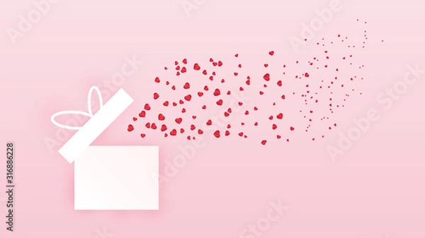 Fototapeta Valentines with gift box postcard. Flying elements on pink background. Vector symbols of love in shape of heart for Happy Women's, Mother's, Valentine's Day, birthday greeting card design