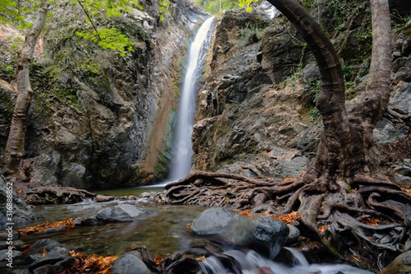 Fototapeta Autumn landscape with beautiful small waterfall splashing in the canyon and yellow autumn maple leaves in the ground at Troodos mountains in Cyprus - Panorama Millomeri waterfall near Platres in the T