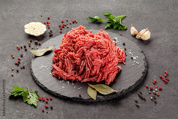 Obraz Raw meat products. Veal or mixed homemade minced meat with spices on a black background. board background image, copy space text