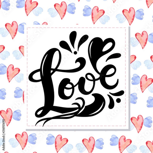 Obraz Amor. Love in Portuguese. Hand drawn lettering with watercolor romantic background. Background has hearts and other love elements. Perfect logo for Wedding or Valentine's day design