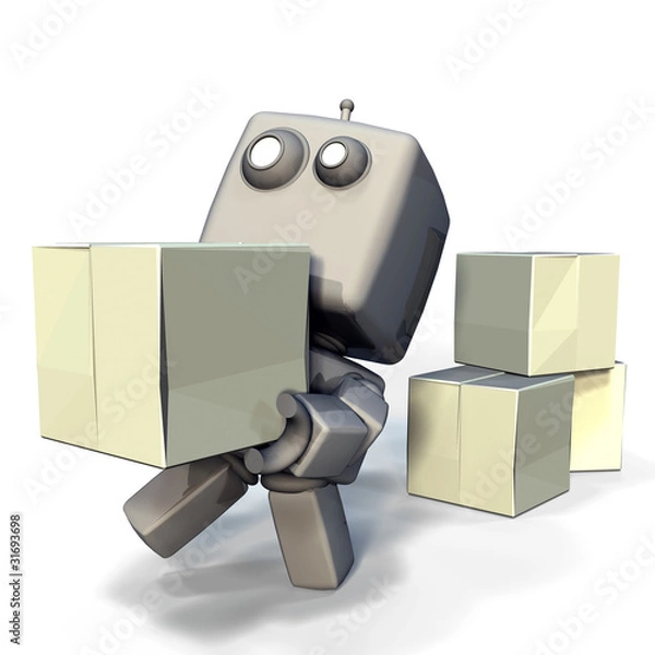 Fototapeta Gray Robot with blank crates