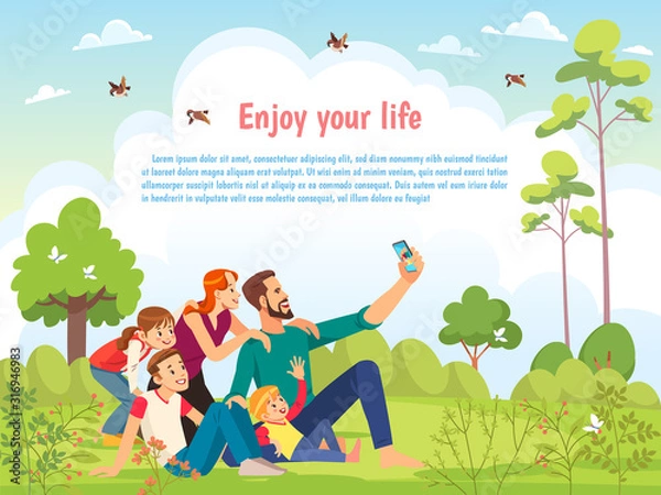 Fototapeta Happy family in the park taking selfie on a sunny day. Poster, card family day. Concept of friendly family and Parenthood child-rearing taking selfie walking with kids in nature. Vector cartoon